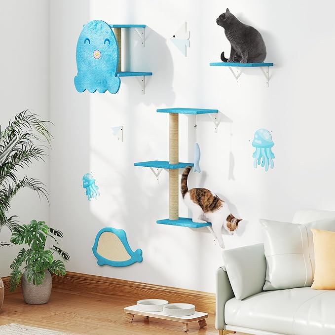 COZIWOW 4-Piece Wall-Mounted Cat Tree Set – Sturdy Wood Pet House, Scratching Board, Platforms, Sisal Posts & Blue Fish Charm – Ocean Blue