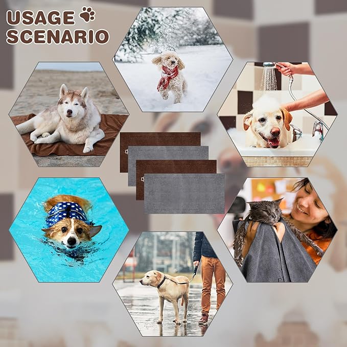 Chumia 4 Pack Dog Towels for Drying Large Microfiber Grooming Tools Absorbent Soft Bath Supplies with Embroidered Paw for Small Medium Pet Products(16 x 32 Inch,Gray, Coffee)