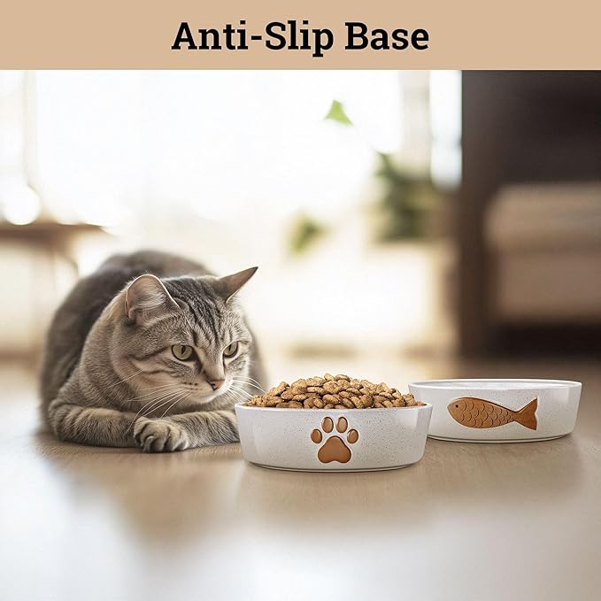 Ceramic Cat Bowls Whisker Friendly - Ceramic Cat Bowl Set of 2 Cute Designs with Anti-Slip Bases - Dishwasher & Microwave Safe Food and Water Bowls for Cats - Dishes for Cats - Kitten Food Bowl Set