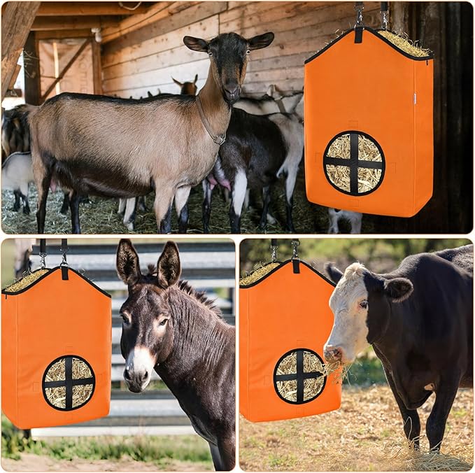 3 PCS Goat Hay Feeder,Hay Bags for Horses,Goats,Donkeys with Reinforced Oxford Fabric and High Strength Metal Clasp,Horse Feeding Supplies with Adjustable Strap for Easy Hanging (2Orange+1Black)