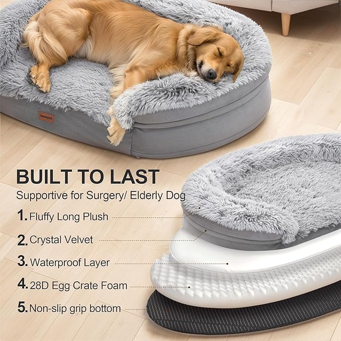 3.7 inch Thickened Orthopedic Dog Beds for Extra Large Dogs, Supportive Dog Sofa Bed with 28D Egg-Crate Foam, Removable Washable Cover, Waterproof Lining, Half-Round Design for Puppy,Senior,Sick