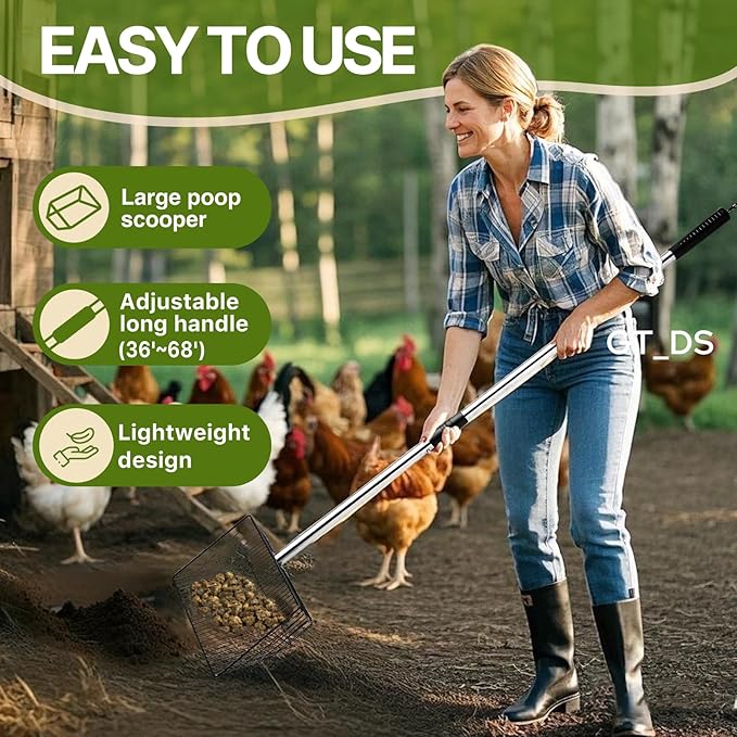 Chicken Poop Scooper with Long Handle- Coop Scoop with 24-68" Adjustable Stainless Handle, 4-in-1 Sifter Shovel for Poultry Waste Cleaning Accessories (Black)