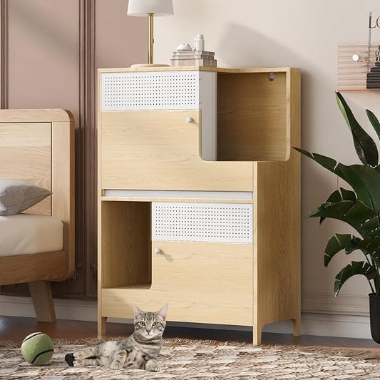 Cat Litter Box Enclosure Furniture Hidden Indoor 2-in-1 Wooden Cat House & Washroom Cabinet with Drawer for 2 Cats, 31.4"x15.7"x44.8"H