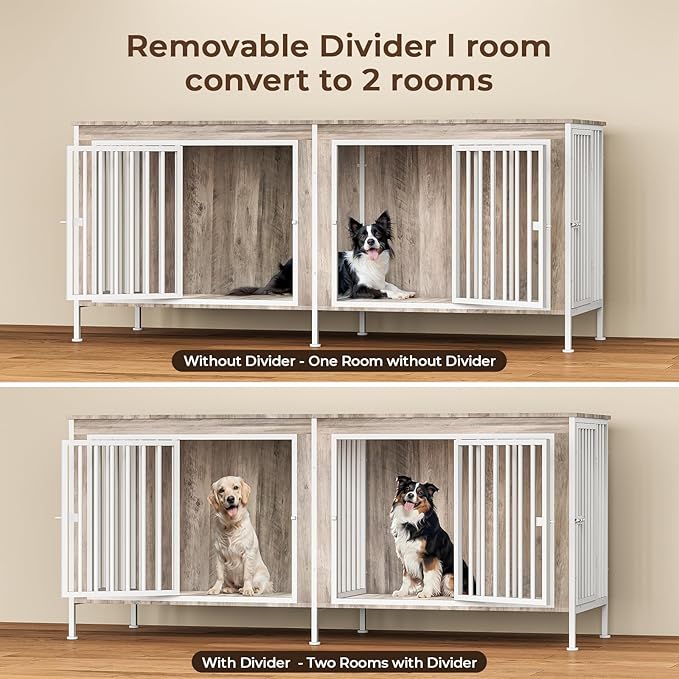 78 Inch Dog Cage Furniture for 2 Large/Medium Dogs with Removable Divider, Extra Large Double Doors Dog Kennel, XXL Thick Wooden Dog cage Furniture, Durable and Sturdy, Beige