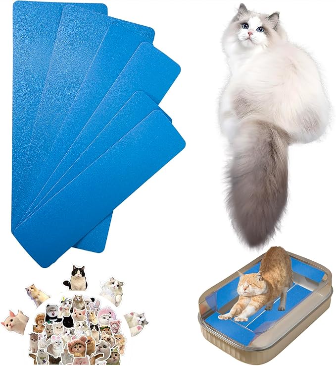 Cat Nail File Scratching Strips - 6 Pcs Cat Scratcher Liner for Litter Box, 3 Pairs Peel Stick Cat Strips in Different Sizes - Recommended for Litter Box Use (Blue)