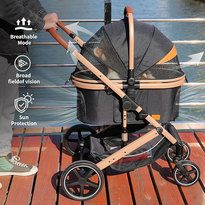 EchoSmile 4 in 1 Pet Stroller, Folding Lightweight Cat & Dog Stroller with Detachable Carrier, NO-Zip 180° Reversible Canopy, All Terrain 4-Wheel,45 lbs Capacity for Small to Medium Dogs