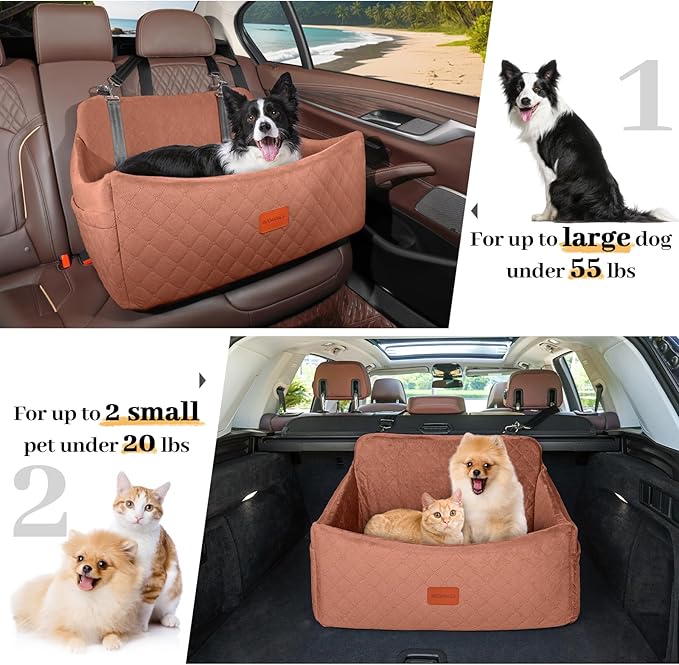 Dog Car Seat for Medium & Large Dogs Up to 55lbs, Memory Foam Cushion, Washable Cover, Safety Straps & Non-Slip Base (Brown, Large)
