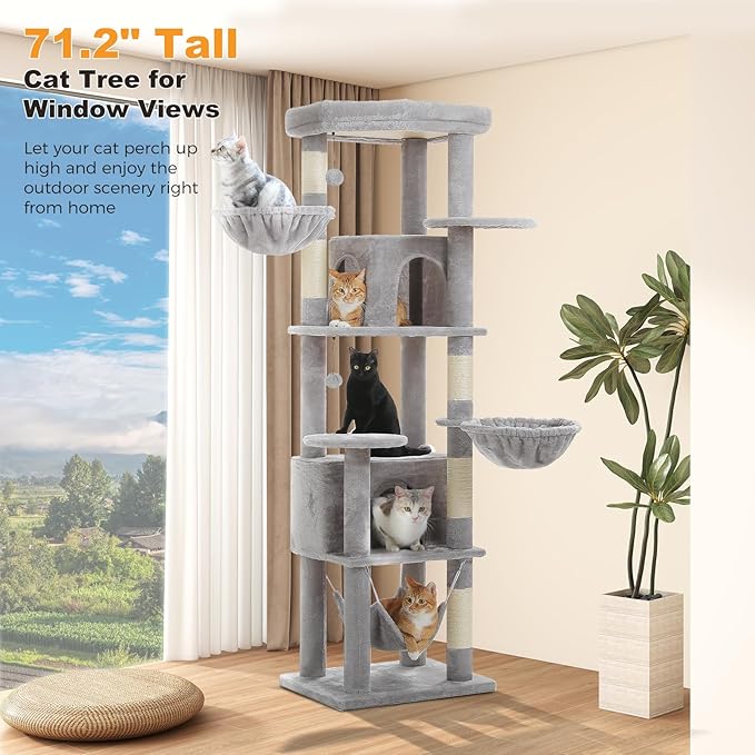 71.2" Tall Cat Tree for Indoor Cats - 9-Level Multi-Cat Tower w/5 Sisal Scratching Posts, 2 Condos, 3 Hammocks, Perch & Pom Poms - Heavy-Duty for Adult Cats, Space-Saving Plush Gray