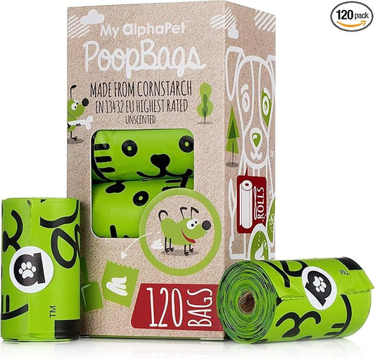 Compostable Dog Poop Bags, Cornstarch Eco-Friendly, HOME COMPOST NF T 51-800, 120 Count, Large Size Bag 9x13 Inches, 8 Unscented Refill Rolls, Leak-proof, Plantbased, GM-Free Corn