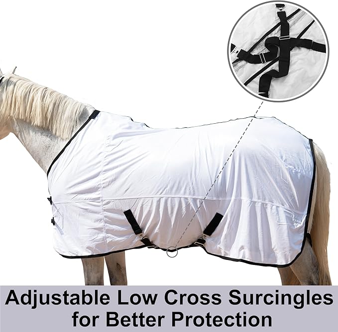 Horse Fly Sheet Equine Summer Sheets, Comfy Mesh Bug and Mosquito Protection Standard Neck - White 72"