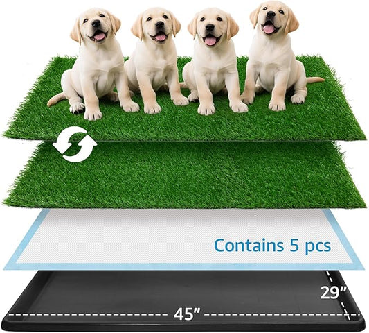 Dog Grass pad with Tray,45”x 29” Indoor Dog Potty with 2 Packs Replacement Artificial Fake Grass-5 Packs Disposable Puppy Pads,for Puppy Training Apartment,Outdoor Use