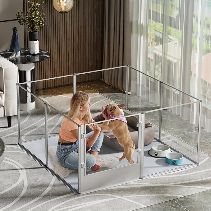 Dog Clear Playpen Fence Kennel: Pet Indoor Heavy Duty Whelping Box Pen Cage with Waterproof whelping pad - Small Animal Acrylic Exercise Kennel Pen with Metal Frame for Cats Puppy Rabbits Guinea Pig