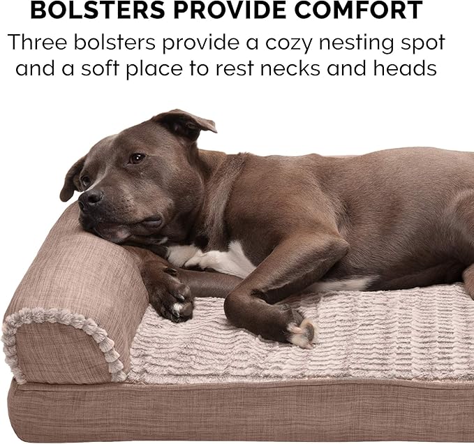 Furhaven Cooling Gel Dog Bed for Medium/Small Dogs w/ Removable Bolsters & Washable Cover, For Dogs Up to 35 lbs - Luxe Faux Fur & Performance Linen Sofa - Woodsmoke, Medium