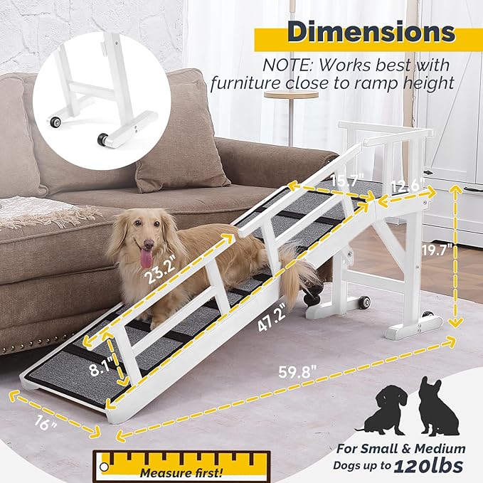 Dog Ramp for Bed or Couch, Wooden Pet Ramp with 20° Gentle Slope, Removable Side Rails, Non-Slip Surface, Top Platform & Wheels, Safe Bed Ramp for Small, Medium & Senior Dogs, 60" Long, White