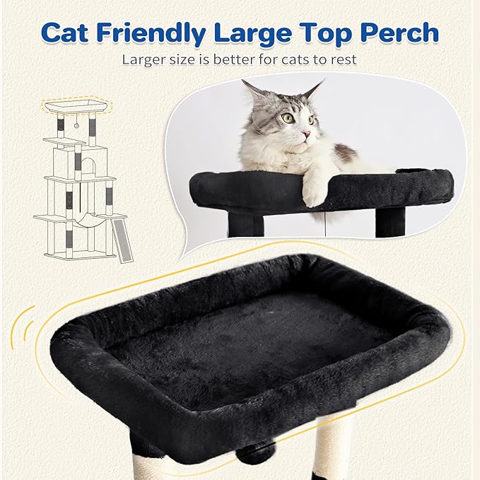 Cat Tree Tower 63in Multi-Level Cat Tower for Indoor Cats with Sisal Scratching Posts, Condo, Hammock, Dangling Ball and Extended Platform for Cats to Play, Black