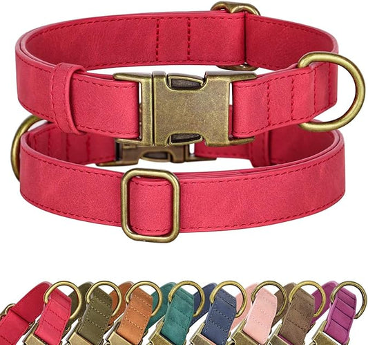 Didog Soft PU Leather Dog Collar, Stylish Quick Released Dog Collars for Large Dogs, Easy Clean Adjustable Pet Collar for Daily Walking, Red, XL Fit 17-27" Neck
