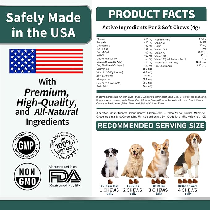 Dog Multivitamin, Glucosamine Chondroitin for Dogs, Dog Vitamins and Supplements, Probiotics, Krill Oil for Hip & Joints, Skin, Coat, Immune Health, Heart, Digestion (120 Chews, Chicken)