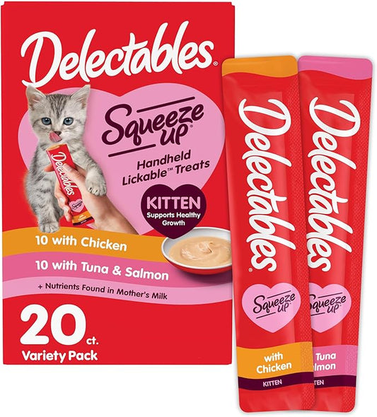 Delectables Squeeze Up Kitten Variety Pack, Creamy Squeezable Puree, Lickable Wet Cat Treats, Grain Free, No Added Fillers, No by-Products, No Added Preservatives, 0.5 Ounces Tube, 20 Tubes Total