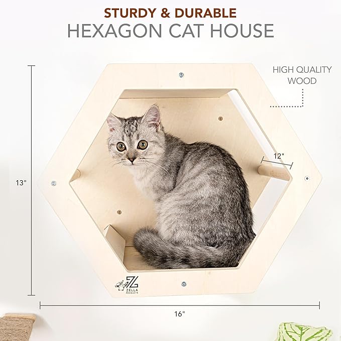 3-Piece Cat Wall Furniture Set - Hammock, Hexagon House, Climbing Steps - Wall Mounted Shelves, Perches, and Beds - Modern Design for Large Cats and Kittens & Spare Hammock Fabric Included