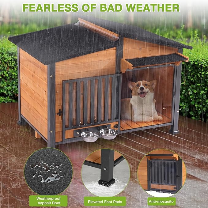 Dog House Outdoor with Bowls Weatherproof Dog Kennel with Anti-Chewing Iron Frame Dog Shelter for Small Medium Dogs