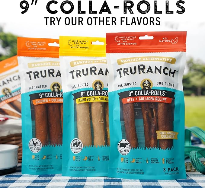 Collagen Rolls - 9" Collagen Rolls for Dogs - Long Lasting Healthy Joint Support Dog Treat - Rawhide Alternative - Skin & Coat Health - Made with Real Peanut Butter, 1 Bag, 3 Count