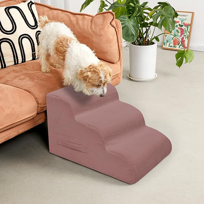 Dog Steps for Small Dogs, 3-Step Pet Ramp Stairs for High Beds and Sofa, Non-Slip Pet Stairs for Small Dogs and Cats, Removable and Easy to Clean Cover, Pink