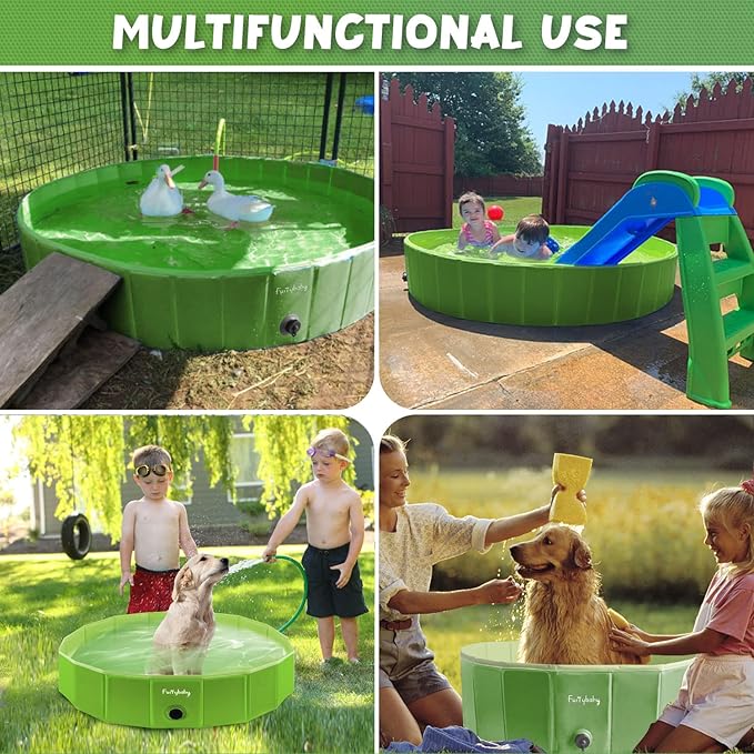 Furrybaby Dog Pool, Kiddie Pool with Hard Plate Collapsible Pet Bath Foldable Swimming Pet Pool Portable Green 32''