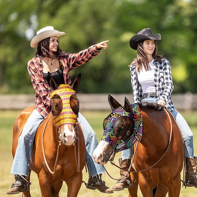 Chunful 6 Pcs Horse Fly Masks with Ears Smooth and Comfortable Cashel Mesh Fly Mask Elasticity Breathability UV Protection Horse Face Covering for Riding Supplies(Geometric,Large)