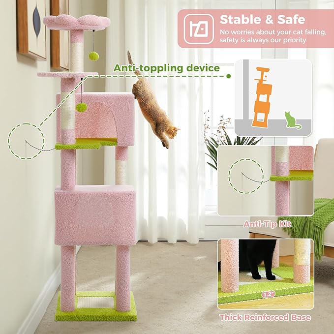 Flower Cat Tree, 62-Inch Large Cat Tower for Multi-Cat Households w/Scratching Posts, Multi-Level Cat Condo w/Cozy Top Perch & Scratching Pad, Padded Platform, 2 Pompoms, Pink