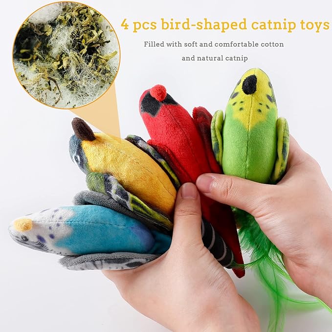 Dorakitten Cat Catnip Toys Interactive Cats 4pcs Kitten Plush Nip Chew Bird Toy with Crinkle Paper Pet Best Treats Stuffed Pillow Cute Teething Play Gifts Soft Kick Sound Supplies for Indoor Kitty