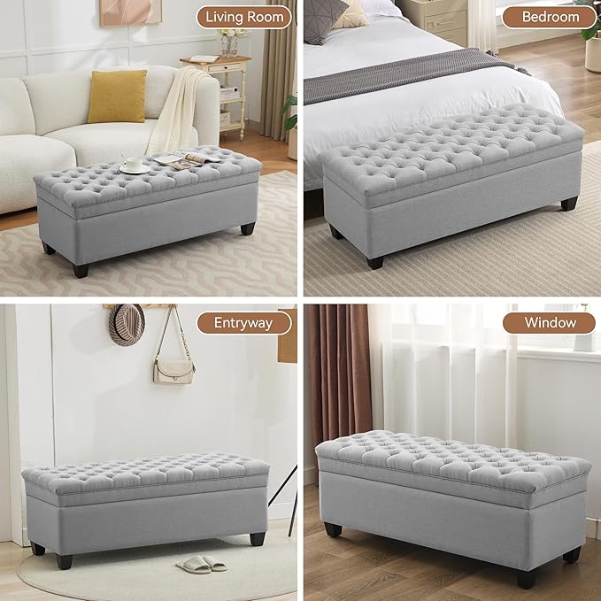 51" Fabric Storage Ottoman Bench, Upholstered Rectangle End of Bed Storage Ottoman Tufted Living Room Bedroom Bench with Safety Hinge, Solid Wood Legs, Loads 500 lb(Light Grey)