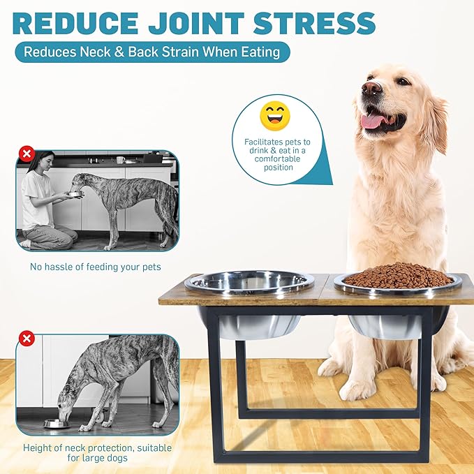 Elevated Dog Bowls for Large & Extra Large Breed Dogs - Raised Dog Feeding Station with Two Stainless Steel Bowls - Helps to Reduce Strain on Dog’s Neck & Joints - 3500 ML Capacity