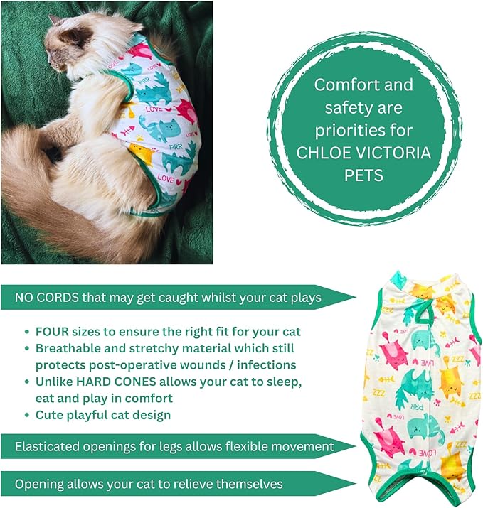 Cat Recovery Suit Surgical Onesie for Post Surgery (Neuter/Spay), Wounds and Skin infections for Male or Female Cats. Comfortable, Safe, (no Loose Cords) Cone Alternative. (Large)