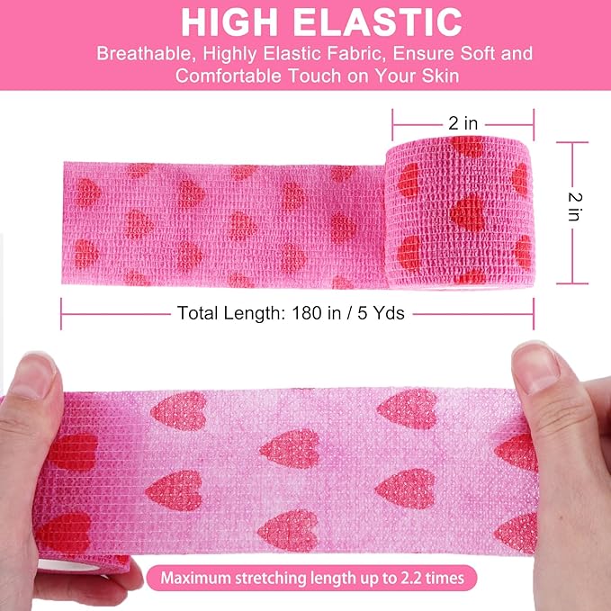 24 Pack Self Adhesive Vet Wrap & Medical Tape, 2 Inch x 5 Yards Cohesive Bandage Wrap - Pink Heart Grip Tape for Ankle, Wrist Sprains, Sports, Pet First Aid