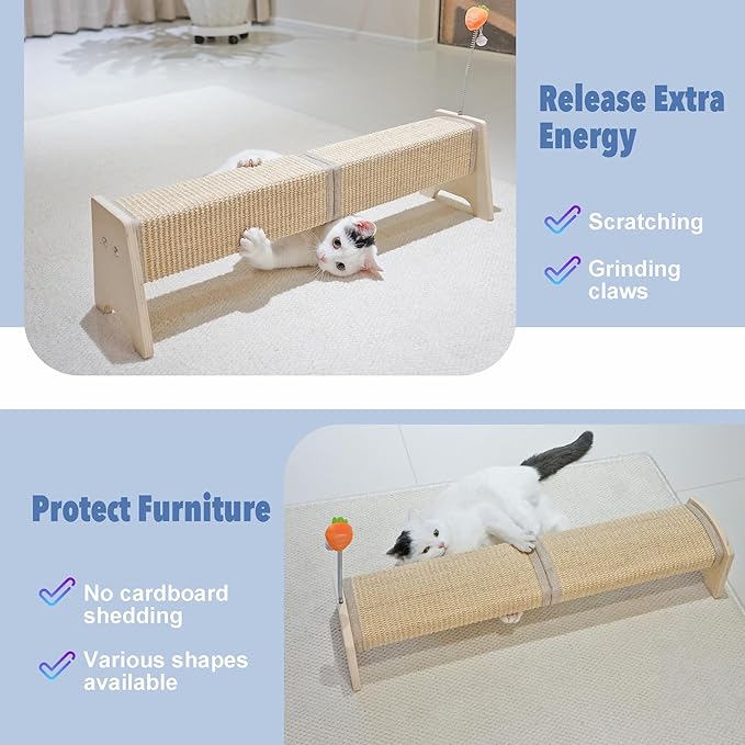 Cat Scratching Post, 30" Horizontal Sisal Scratch Post for Indoor Cats, Durable Cat Furniture Protector with Spring Toy