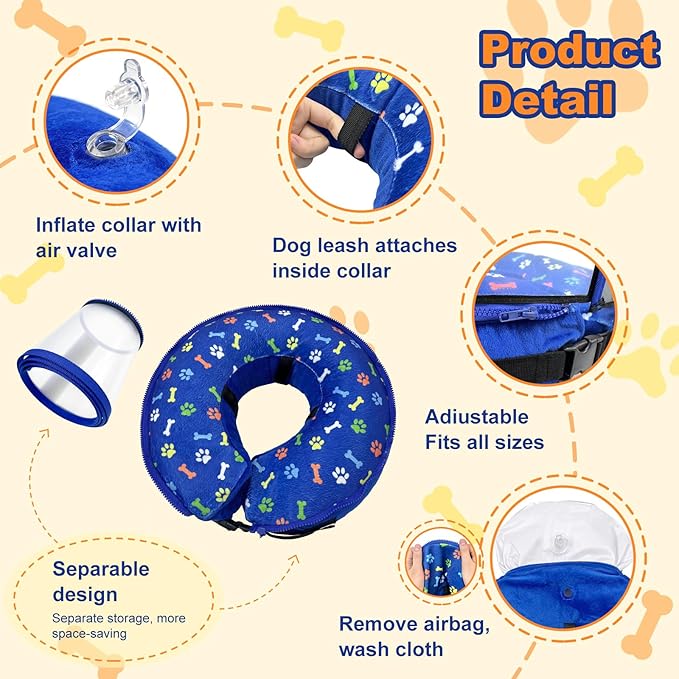 Dog Cone Collar with Enhanced Anti-Licking, Inflatable Dog Cone After Surgery, Adjustable Size with Soft Padding for Small Medium Large Dogs - Blue/L
