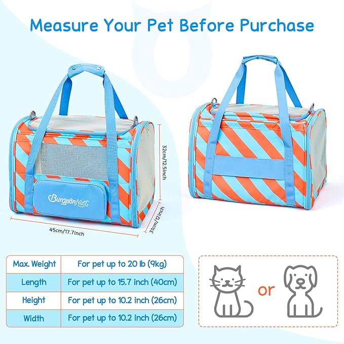 BurgeonNest Cat Carrier, Dog Cat Carriers for Large Medium Cats Under 20 lbs, Soft Sided Pet Carrier, Collapsible Travel Carry Puppy Kitten Cat Carrier with Big Side Bag (Medium, Blue-Orange)