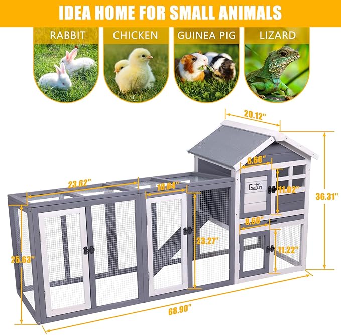 GEGURI Large Rabbit Hutch Indoor Outdoor Chicken Coop Wooden Bunny Cage with Waterproof Roof