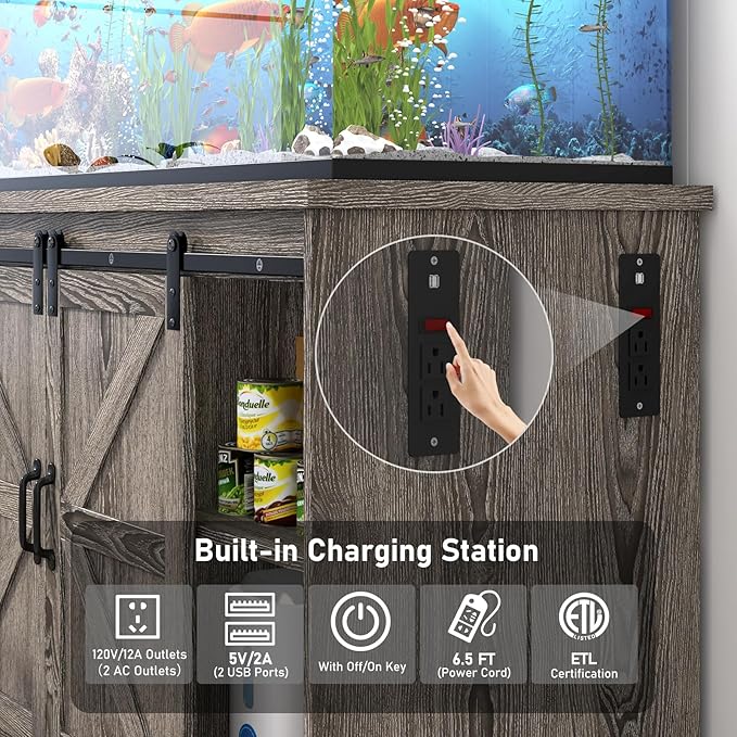 Farmhouse 55-75 Gallon Fish Tank Stand with Power Outlet, Aquarium Stand with Cabinet&Sliding Barn Door, Heavy Duty Reptile Tank Stand for 2 Fish Tank/Turtle Tank/Reptile Terrarium, Grey