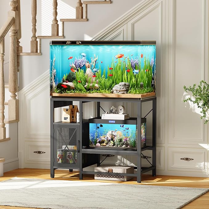 40-50 Gallon Fish Tank Stand, Aquarium Stand with Power Outlet and Storage Cabinet, Heavy Duty Tank Stand Suitable for Turtle Tank, Reptile Terrarium, for Home Office, Black FTBK50E01