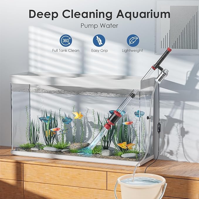 AKKEE Aquarium Vacuum Gravel Cleaner, 36W Fish Tank Gravel Cleaner Vacuum for Water Changer 8 in 1 Multifunctional with Timed Off Waterproof Wash Sand Water Filter Circulation Aquarium Vacuum Cleaner