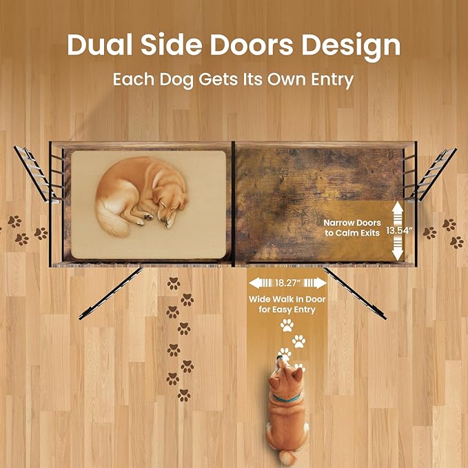 Dog Crate Furniture 78" for 2 Dogs Sturdy Heavy Duty Dog Kennel Solid Metal Tube Thick Wooden with 3 Lockable Doors XXL Double Dog Cage Large Breed as End Table for Large Dogs Rustic Brown