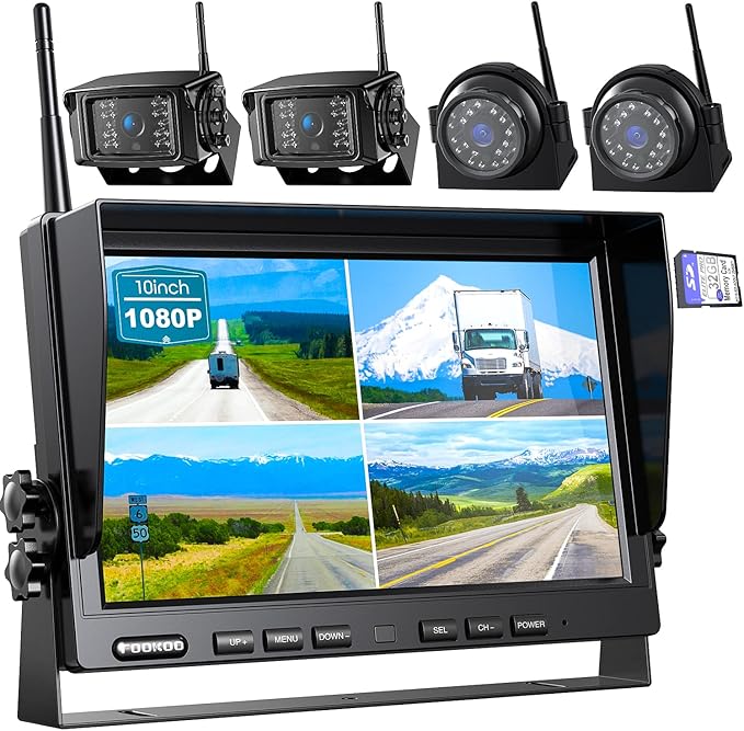 Fookoo HD 10" Wireless Backup Camera System, 1080P 10-inch Quad Split Monitor w/Recording, Waterproof Side & Rear View Cameras, 4 Channel, Digital Signal, Parking Lines for RV/Truck/Trailer