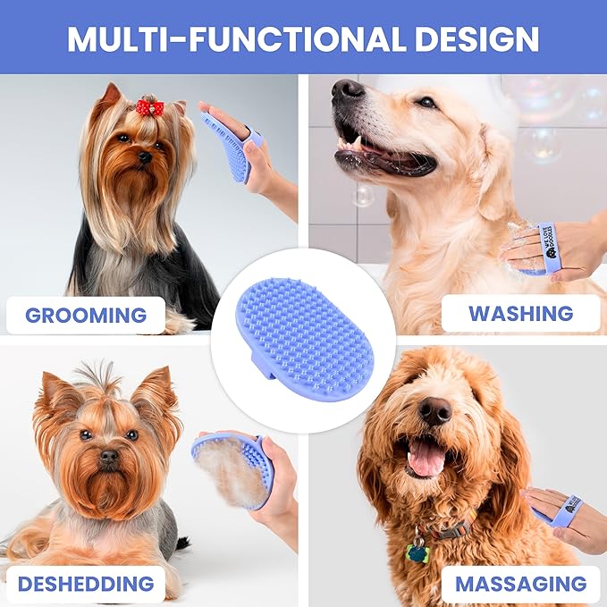 Dog Grooming Bath Brush, Pet Rubber Brush For Shower Scrubbing & Soothing Massage, Ideal for Long & Short Haired Dogs and Cats, Essential Puppy Grooming Accessories, Short Pins [We Love Doodles]