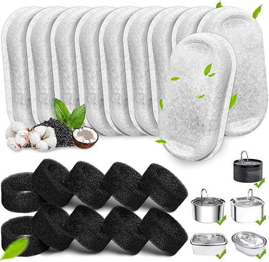 Cat Water Fountain Filters, 20Pack Cat Fountain Replacement Filters for Stainless Steel 108oz/3.2L& 67oz/2L adjustable Water Flow Pet Water Fountain,Dog Water Fountain Filters（10 Filters& 10 Sponges)