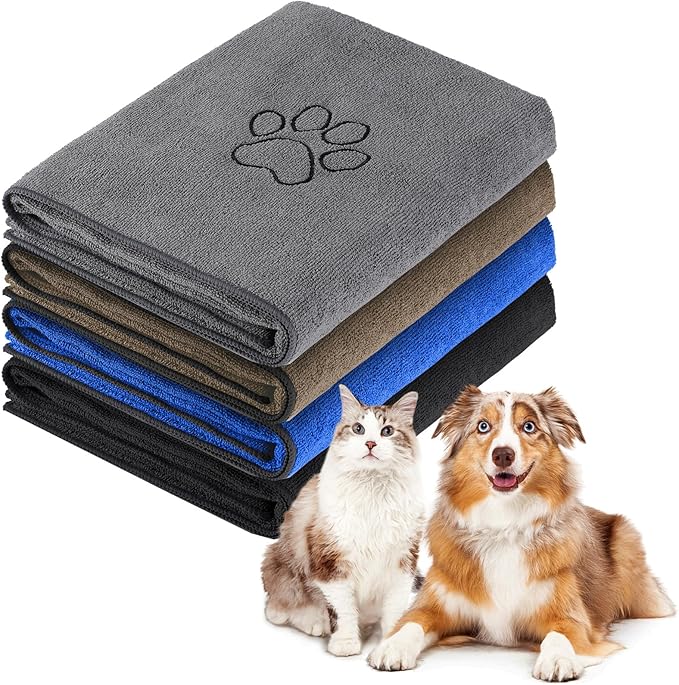 Chumia 4 Pack Dog Towels for Drying Large Microfiber Grooming Tools Absorbent Soft Bath Supplies with Embroidered Paw for Small Medium Pet Products (30 x 50 Inch,Blue,Black,Gray,Brown)