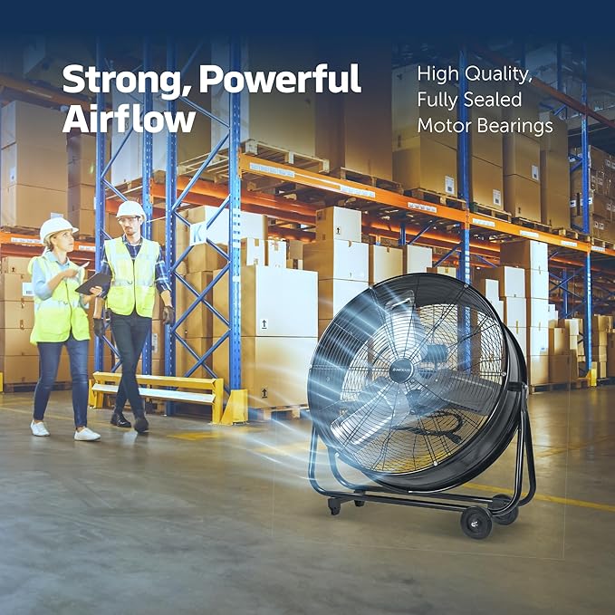 24 Inch High-Velocity Industrial Metal Drum Fan 8,800 CFM, 3-Speed Heavy Duty Floor Fan, 360-Degree Tilt for Commercial, Warehouse, Workshops, Garage, Factory, and Basement with Extreme Power