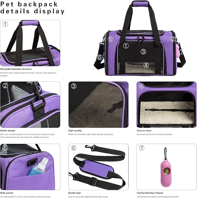 Cat Carrier Dog Carrier Pet Carrier Cat Bags for Small Medium Cats Dogs Puppies of 15 Lbs,of Airline Approved Small Dog Bag Soft Sided,Collapsible Travel Puppy Carrier (Large, Purple)