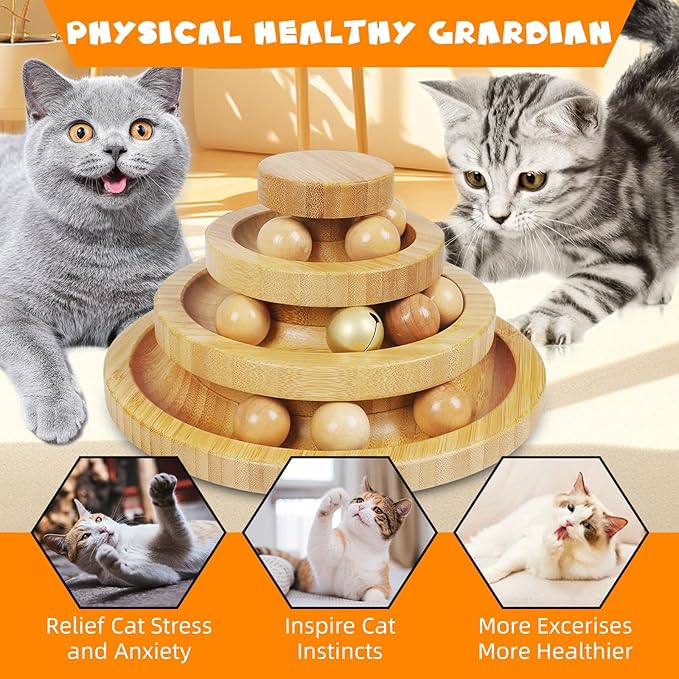 Cat Ball Track - 3-Level Cat Ball Tower with 9 Removable Balls for Interactive Play and Mental, Physical Exercise - Large Size