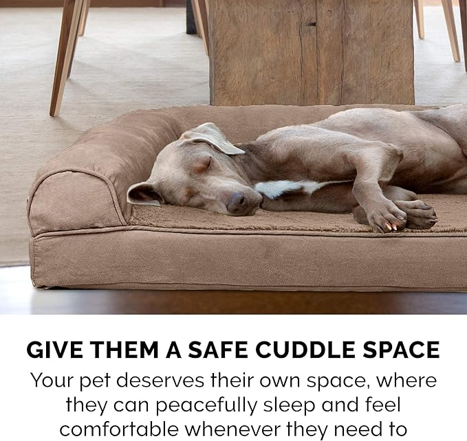 Furhaven Orthopedic Dog Bed for Large Dogs w/ Removable Bolsters & Washable Cover, For Dogs Up to 125 lbs - Plush & Suede Sofa - Almondine, Jumbo Plus/XXL